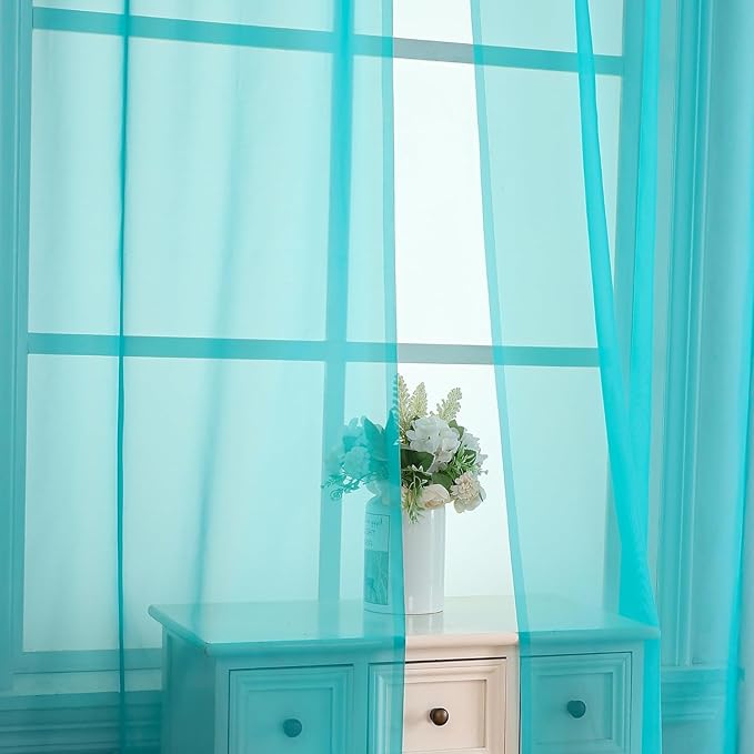 Aiyufeng Turquoise Sheer Curtains 45 Inch Length 2 Panels Set, Light Filtering Airy Rod Pocket Turquoise Window Curtain Treatment Drapes for Kitchen Bedroom Living, Each 42Wx45L Inches