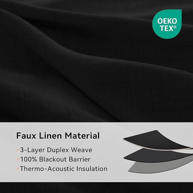 100% Blackout Shield Linen Blackout Curtains for Bedroom, Black Grommet Curtains for Living Room, Thermal Insulated Room Darkening Drapes for Nursery, Boho Home Decor, 50" W x 63" L, 2 Panels