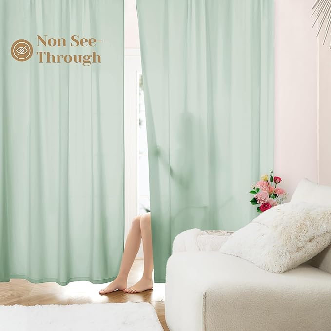HOMEIDEAS Non-See-Through Sage Green Privacy Sheer Curtains, 52 X 96 Inches Long 2 Panels Sheer Curtains Light Filtering Window Drapes for Bedroom Living Room