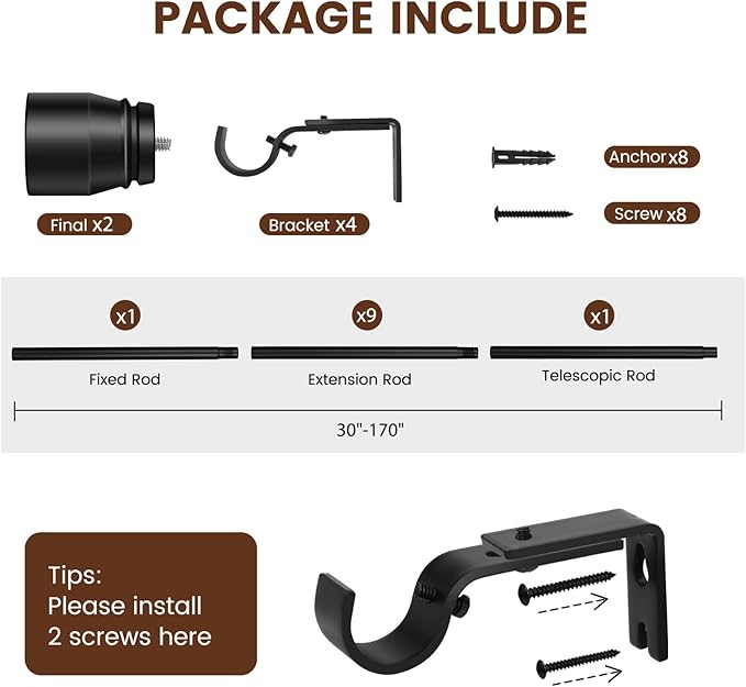 1” Diameter Curtain Rods Itself is 30 to 170 inch 1 Pack Fit 30-168 inch Window with Heavy Duty Adjustable Rod Matte Black Splicing Metal Extra Long Curtain Rod for Windows