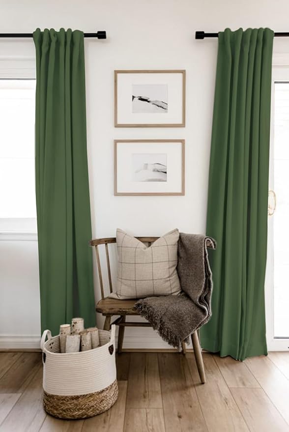 100% Blackout Shield Linen Blackout Curtains for Bedroom 90 Inches Long, Back Tab/Rod Pocket Living Room Drapes, Thermal Insulated Blackout Curtains 2 Panels Set, 50" W x 90" L, Moss Green