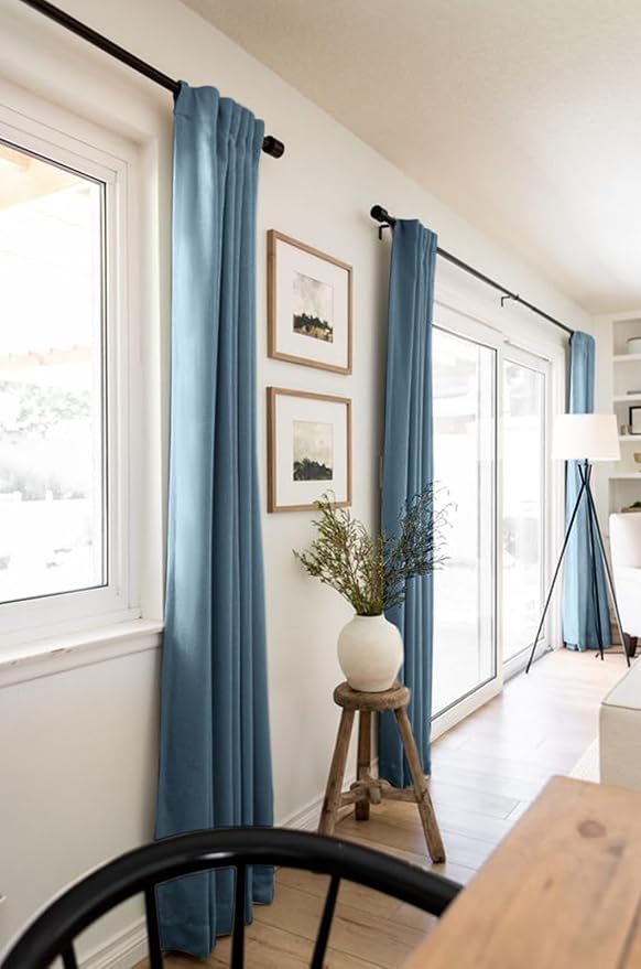 100% Blackout Shield Linen Blackout Curtains for Bedroom 90 Inches Long, Back Tab/Rod Pocket Living Room Drapes, Thermal Insulated Blackout Curtains 2 Panels Set, 50" W x 90" L, Stone Blue