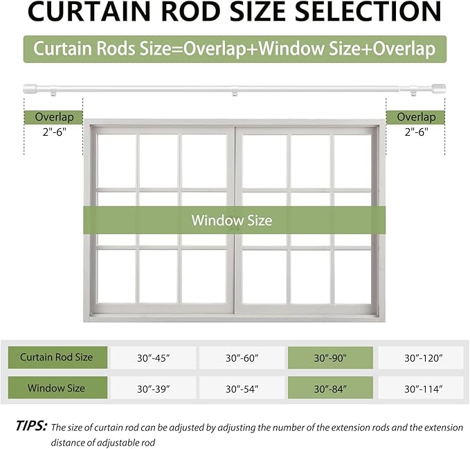 5/8” Diameter Curtain Rods 30-90 Inch, for 30-84 Inch Windows, Adjustable Splicing White Curtain Rods for Windows with Brackets, Window Rod Long Small Curtains Rod, 2 Pack