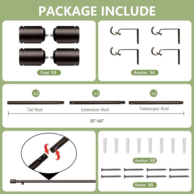 5/8” Diameter Curtain Rods 30-60 Inch, for 30-54 Inch Windows, Adjustable Splicing Bronze Curtain Rods for Windows with Brackets, Window Rod Long Small Curtains Rod, 2 Pack