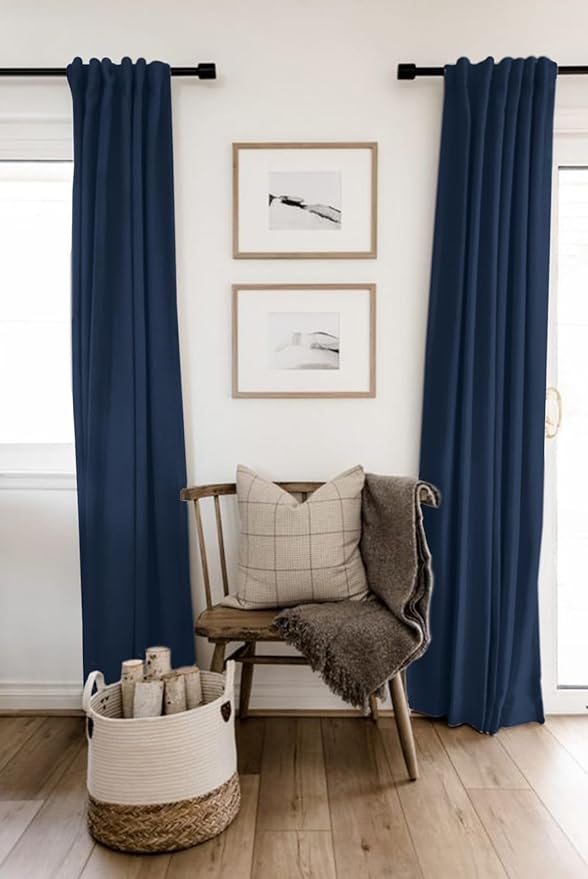 100% Blackout Shield Linen Blackout Curtains for Bedroom 90 Inches Long, Back Tab/Rod Pocket Living Room Drapes, Thermal Insulated Blackout Curtains 2 Panels Set, 50" W x 90" L, Midnight Blue