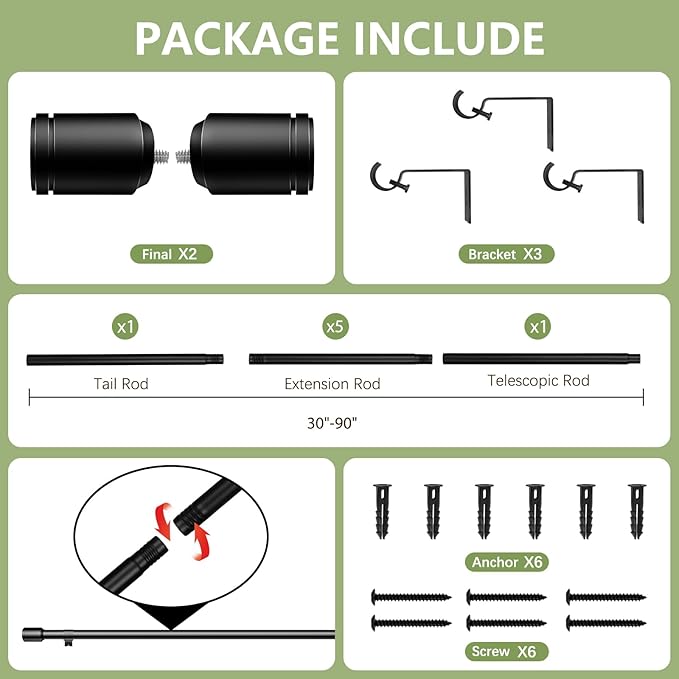 5/8” Diameter Curtain Rods 30-120 Inch, for 30-114 Inch Windows, Adjustable Splicing Black Curtain Rods for Windows with Brackets, Window Rod Long Small Curtains Rod
