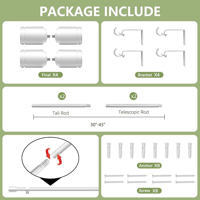 5/8” Diameter Curtain Rods 30-45 Inch, for 30-39 Inch Windows, Adjustable Splicing Silver Curtain Rods for Windows with Brackets, Window Rod Long Small Curtains Rod, 2 Pack