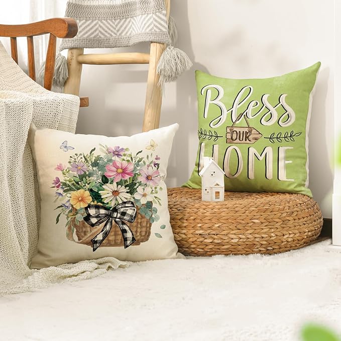 AVOIN colorlife Bless Our Home Eucalyptus Leaves Throw Pillow Covers, 20 x 20 Inch Spring Summer Truck Cushion Case for Home Sofa Couch Set of 4