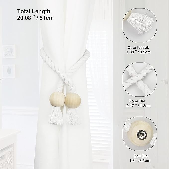 2 Pack Magnetic Curtain Tiebacks Cotton Hand Woven Tie Back Decorative Rope Holdbacks for Curtains Draperies No Tools Required, White