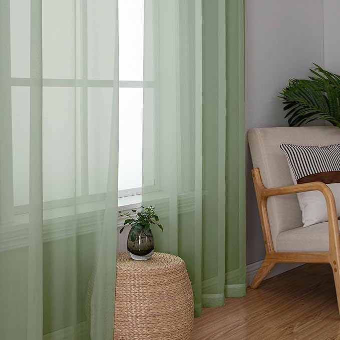 Aiyufeng 108 Inch Sage Green Sheer Window Curtains for Farmhouse, Rod Pocket Voile Window Treatment Vertical Panels for Study Room/Bedroom/Living Room, Sage Green, W59 x L108, 2 Panels