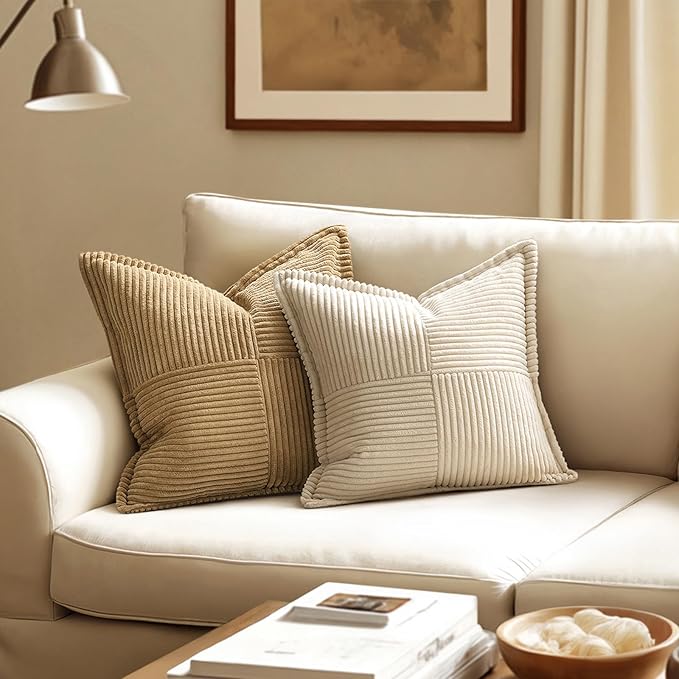 MIULEE Decorative Throw Pillow Covers for Couch Bed Livingroom 20x20 Inch Set of 2 Beige Boho Accent Throw Pllows Broadside Striped Patchwork Soft Corduroy Pillowcases