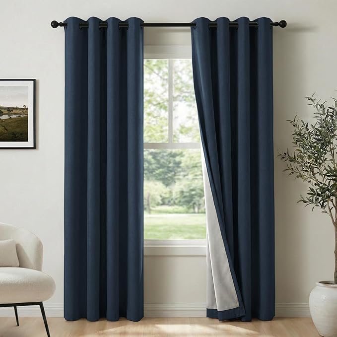 100% Blackout Shield Linen Blackout Curtains for Bedroom, Navy Blue Grommet Curtains for Living Room, Thermal Insulated Room Darkening Drapes for Nursery, Boho Home Decor, 50" W x 63" L, 2 Panels