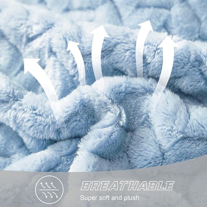 Exclusivo Mezcla Light Blue Fleece King Size Blanket for Bed, 90x104 Inches Soft Cozy 3D Decorative Jacquard Flannel Blankets, Lightweight Fuzzy Plush Warm Blankets for All Seasons