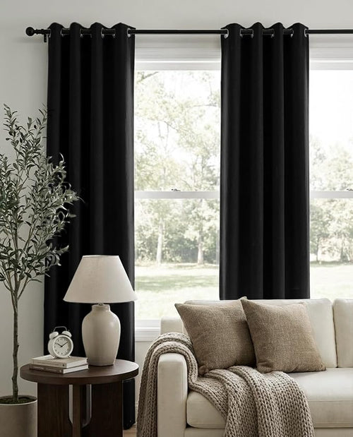 100% Blackout Shield Linen Blackout Curtains for Bedroom, Black Grommet Curtains for Living Room, Thermal Insulated Room Darkening Drapes for Nursery, Boho Home Decor, 50" W x 96" L, 2 Panels