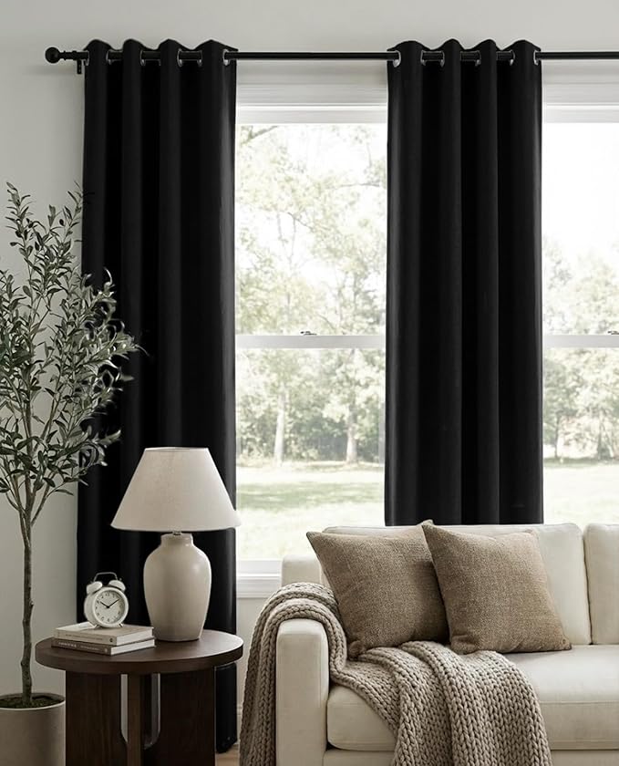100% Blackout Shield Linen Blackout Curtains for Bedroom, Black Grommet Curtains for Living Room, Thermal Insulated Room Darkening Drapes for Nursery, Boho Home Decor, 50" W x 84" L, 2 Panels