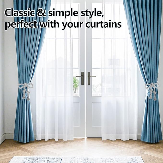 4 Pcs Hand Woven Curtain Tiebacks No Drilling - Boho Drape Holdbacks Rope for Black Blue Grey Light Color Curtains, Decorative Ties for Outdoor Yard Garden Farmhouse Drapery, Grey