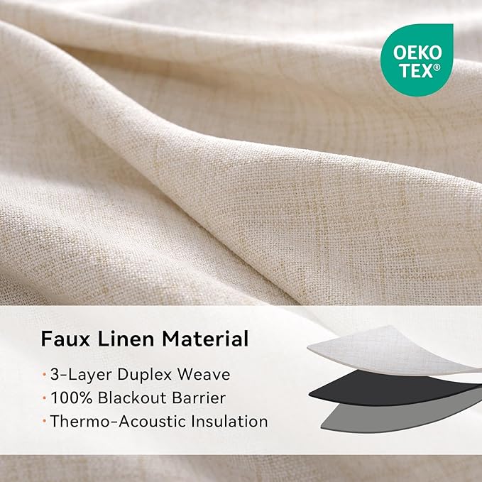 100% Blackout Shield Linen Blackout Curtains for Bedroom, Oatmeal Grommet Curtains for Living Room, Thermal Insulated Room Darkening Drapes for Nursery, Boho Home Decor, 50" W x 90" L, 2 Panels