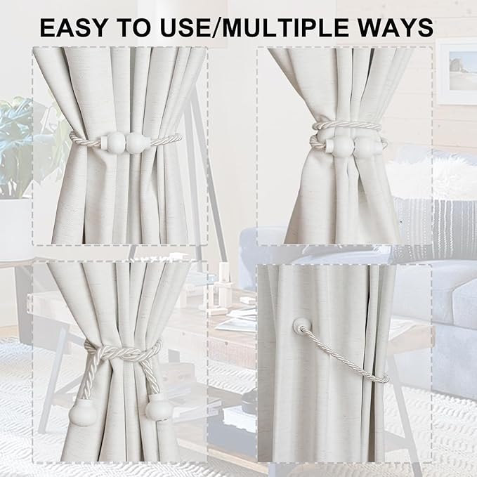 2 Pack Magnetic Curtain Tiebacks Modern Handmade Rope Curtain Tie Backs Decorative Drapes Weave Holdbacks for Home Outdoor Bedroom Office Decorative Curtain, White