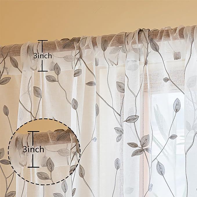 AmHoo 2 Panels Embroidered Leaf Pattern Semi Sheer Curtains Foliage Floral Voile Window Draperies Treatment for Bedroom Living Room Rod Pocket White Light Gray 53 x 63 Inch