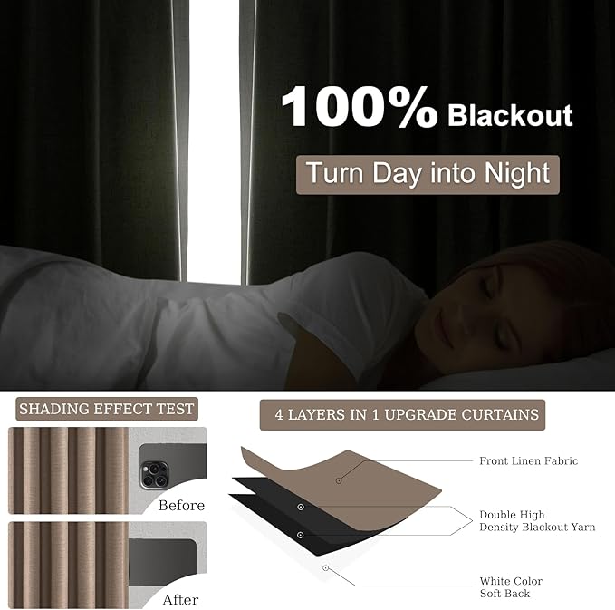 102 inch long blackout curtains 2 Panels 100% Black out Linen texture Curtain elegant Taupe Farmhouse Drapes with Back Tab Rod Pocket Light Blocking Thermal Insulated Panel for Bedroom Living Room