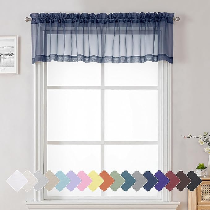 Lecloud Navy Blue Window Valance 14 Inches Long 2 PCS, Solid Voile Blue Curtains Dual Rod Pockets, Living Room Bedroom Bathroom Kitchen Curtain Half Tiers Window Treatment, 40" Wx14 L