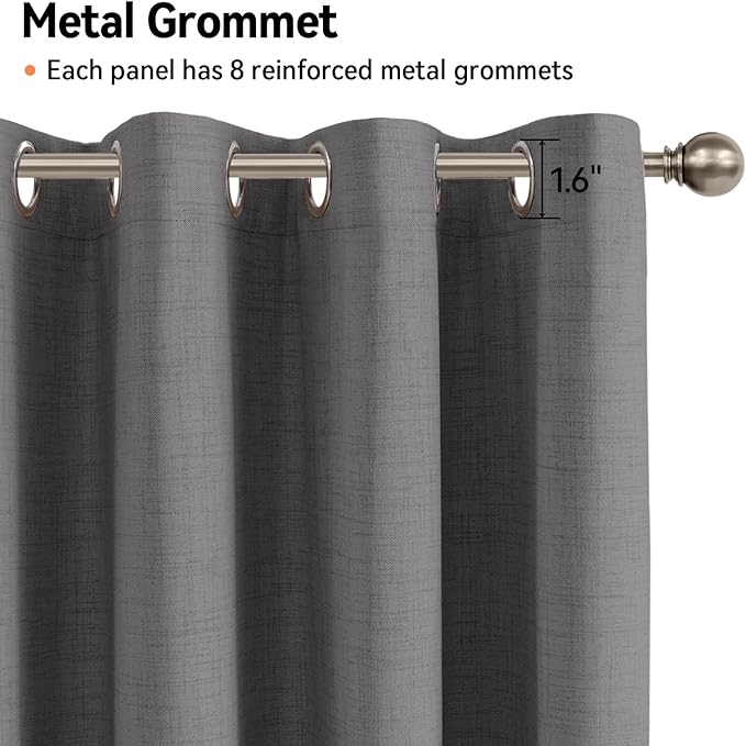 100% Blackout Shield Linen Blackout Curtains for Bedroom, Dark Gray Grommet Curtains for Living Room, Thermal Insulated Room Darkening Drapes for Nursery, Boho Home Decor, 50" W x 90" L, 2 Panels