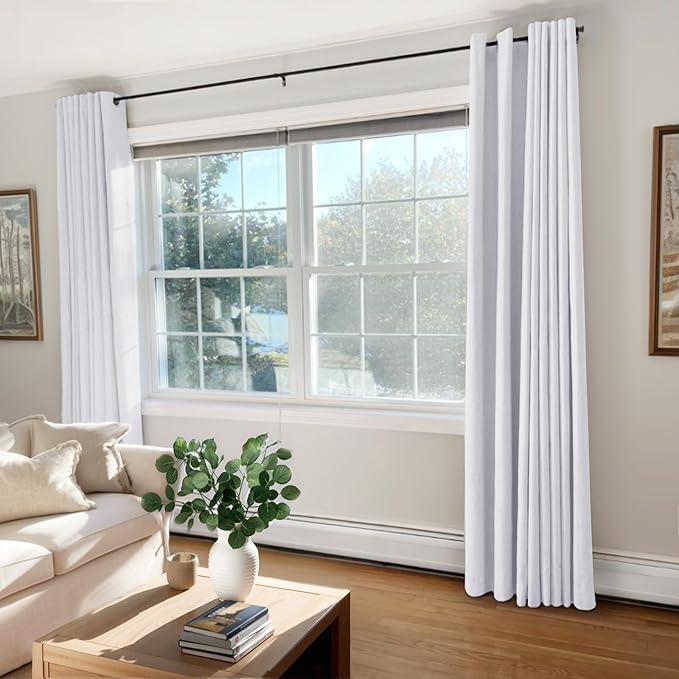 100% Blackout Shield Linen Blackout Curtains for Bedroom, Bright White Grommet Curtains for Living Room, Thermal Insulated Room Darkening Drapes for Nursery, Boho Home Decor, 50" W x 63" L, 2 Panels