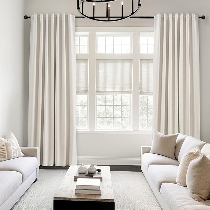 92 Inches Long Blackout Curtains for Living Room 2 Panels Set Cream Birch Linen Texture Room Darkening Energy Saving Curtain Window Coverings Hook Belt Pleated Drapes Aesthetic Bedroom(W40"xL92")