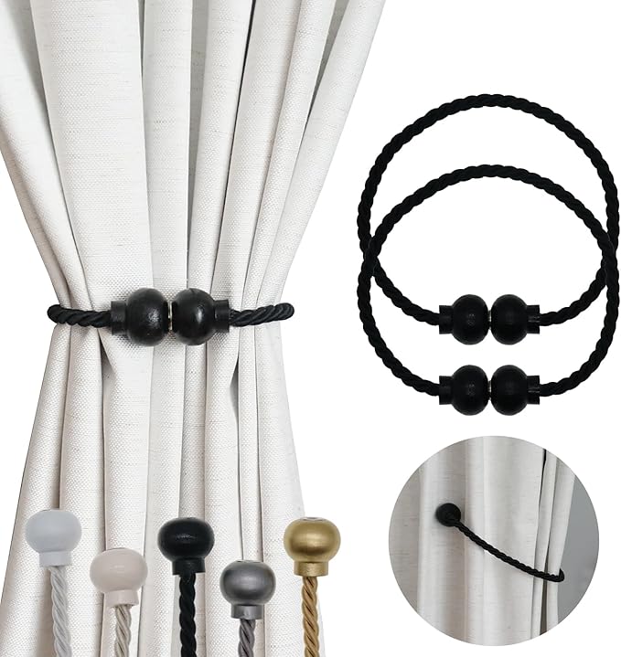 2 Pack Magnetic Curtain Tiebacks Modern Handmade Rope Curtain Tie Backs Decorative Drapes Weave Holdbacks for Home Outdoor Bedroom Office Decorative Curtain, Black
