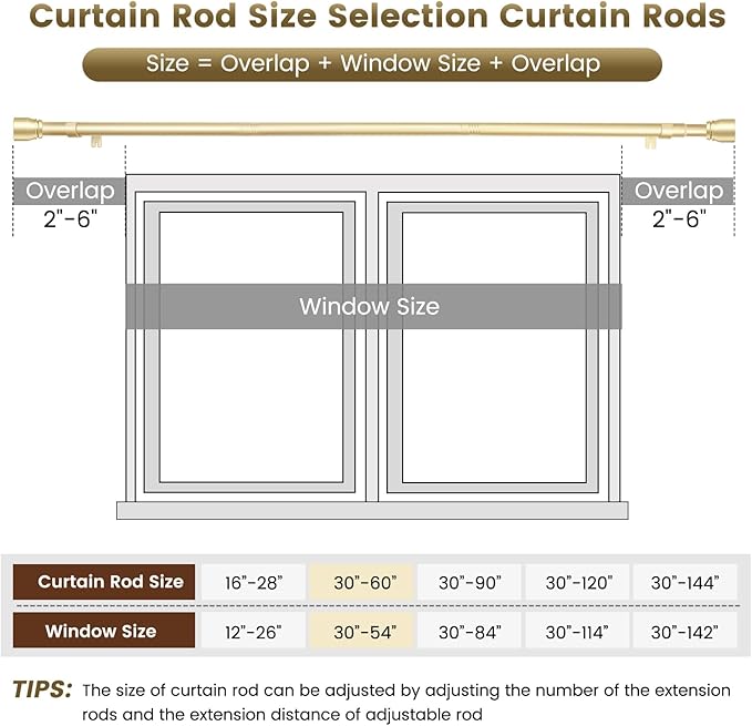 1” Diameter Gold Curtain Rod Itself is 30-60 inch 1 Pack, Fit 30 to 54 Windows with Heavy Duty Adjustable Telescopic Rod，Splicing Metal Extra Long Curtain Rod for Windows Sliding Glass Door