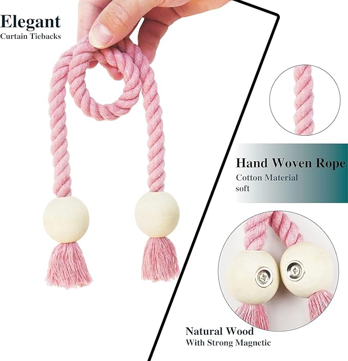 4 Pack Magnetic Curtain Tiebacks Cotton Hand Woven Tie Back Decorative Rope Holdbacks for Curtains Draperies No Tools Required, Pink