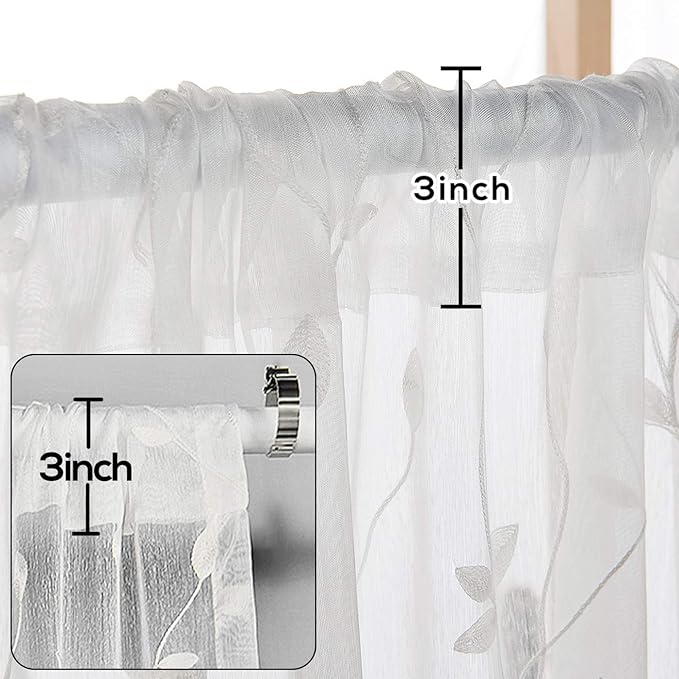 AmHoo 2 Panels Embroidered Leaf Pattern Semi Sheer Curtains Foliage Floral Voile Window Draperies Treatment for Bedroom Living Room Rod Pocket White 53 x 84 Inch