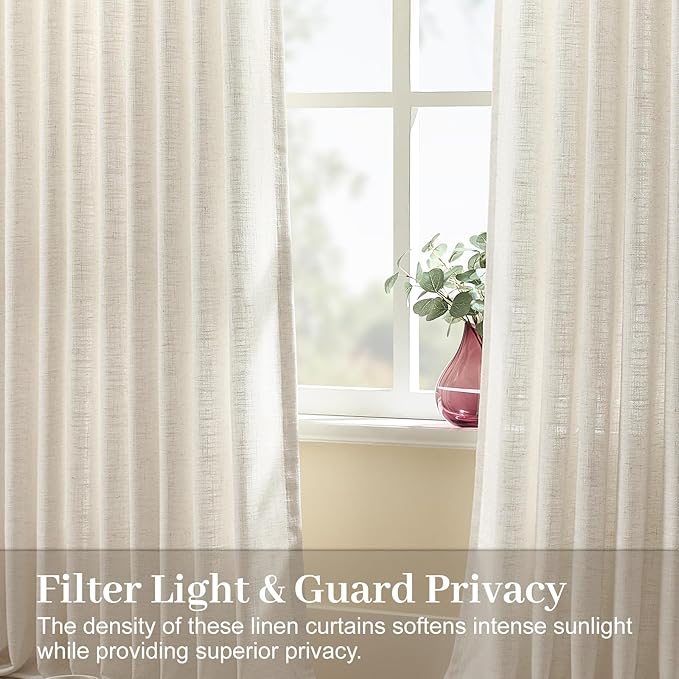 90 Inch Curtains Pinch Pleated 2 Panels for Living Room, Semi Sheer Memory Trained Light Filtering Linen Blend Pinch Pleat Curtain with Rings Back Tab Drapes for Bedroom Dining Room, 40x90, Natural