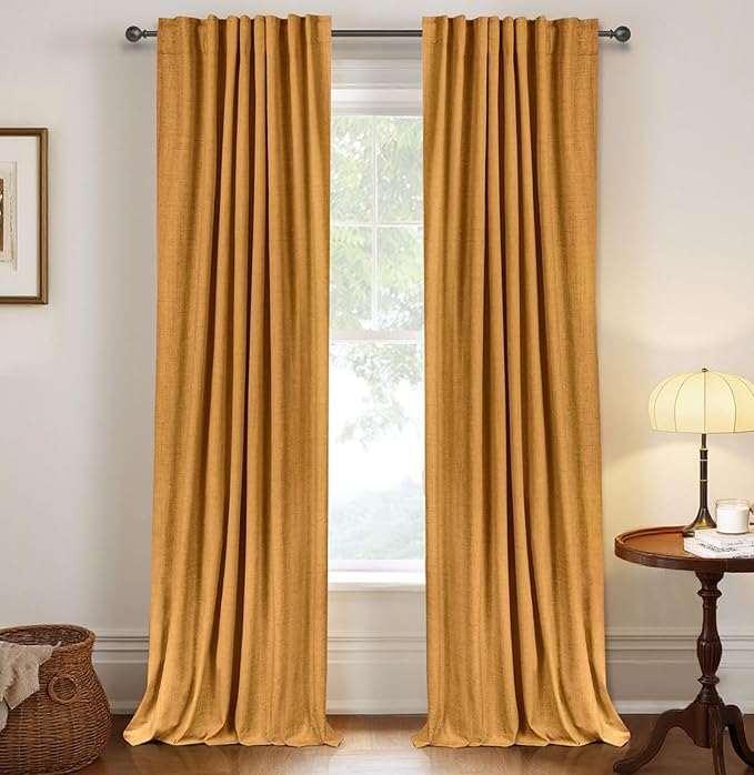 100% Blackout Shield Linen Blackout Curtains for Bedroom 96 Inches Long,Back Tab/Rod Pocket Living Room Drapes,Thermal Insulated Textured Blackout Curtains 2 Panels Set,50" W x 96" L,Mustard Yellow