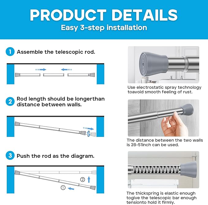 AIZESI 1pcs Tension Curtain Rod Tension Rods for Windows 28 To 48 Inch, 7/8" Diameter Spring Curtain Rod No Drilling Silver Tension Rods of Curtains Window Closet Wardrobe Kitchen