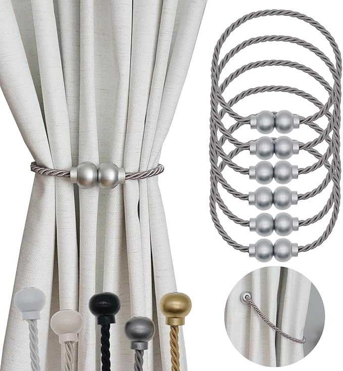 6 Pack Magnetic Curtain Tiebacks Modern Handmade Rope Curtain Tie Backs Decorative Drapes Weave Holdbacks for Home Outdoor Bedroom Office Decorative Curtain, Grey