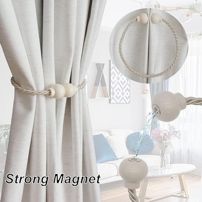 2 Pack Magnetic Curtain Tiebacks Modern Handmade Rope Curtain Tie Backs Decorative Drapes Weave Holdbacks for Home Outdoor Bedroom Office Decorative Curtain, Beige