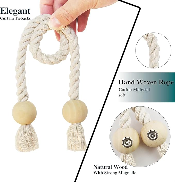 2 Pack Magnetic Curtain Tiebacks Cotton Hand Woven Tie Back Decorative Rope Holdbacks for Curtains Draperies No Tools Required, Beige