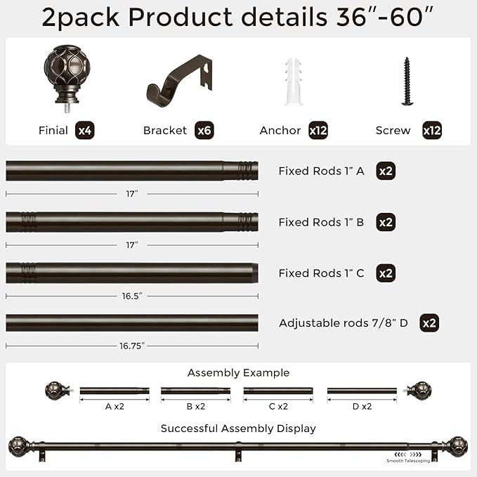 2 Pack Bronze Curtain Rod, Heavy Duty 1 Inch Decorative Curtain Rods for Windows 30 to 56 Inch, Single-Side Adjustable Vintage Rustic Antique Brown Drapery Pole with Netted Texture Finials