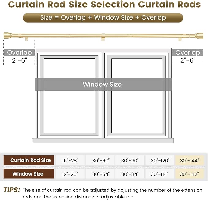 1” Diameter Curtain Rods Itself is 30 to144 inch 1 Pack Fit 30-142 inch, 66 to 120 inch Window with Heavy Duty Adjustable Rod Gold Curtain Splicing Metal Extra Long Curtain Rod for Windows