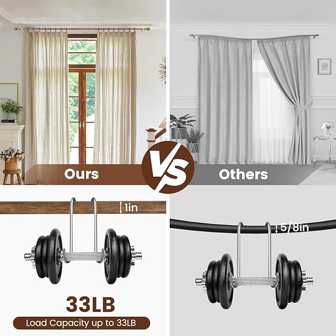 1” Diameter Curtain Rods Itself is 30 to 60 inch 2 Pack Fit 30-54 inch Window with Heavy Duty Adjustable Rod Matte Wood Grain Splicing Metal Extra Long Curtain Rod for Windows