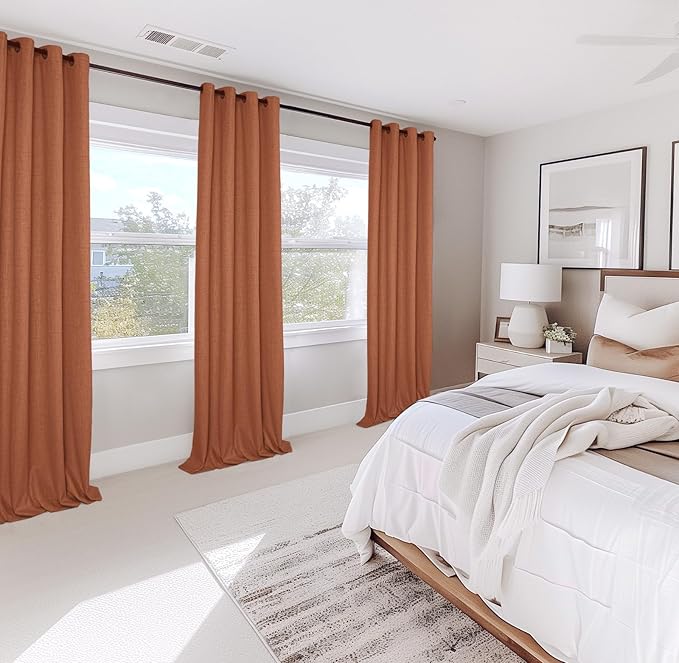 100% Blackout Shield Linen Blackout Curtains for Bedroom, Orange Grommet Curtains for Living Room, Thermal Insulated Room Darkening Drapes for Nursery, Boho Home Decor, 50" W x 102" L, 2 Panels