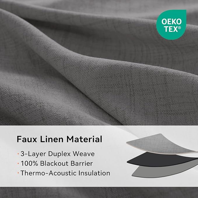 100% Blackout Shield Linen Blackout Curtains for Bedroom, Dark Gray Grommet Curtains for Living Room, Thermal Insulated Room Darkening Drapes for Nursery, Boho Home Decor, 50" W x 102" L, 2 Panels