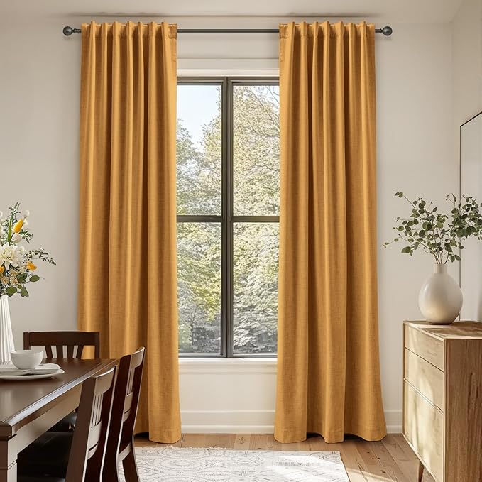 100% Blackout Shield Linen Blackout Curtains for Bedroom 90 Inches Long,Back Tab/Rod Pocket Living Room Drapes,Thermal Insulated Textured Blackout Curtains 2 Panels Set,50" W x 90" L,Mustard Yellow