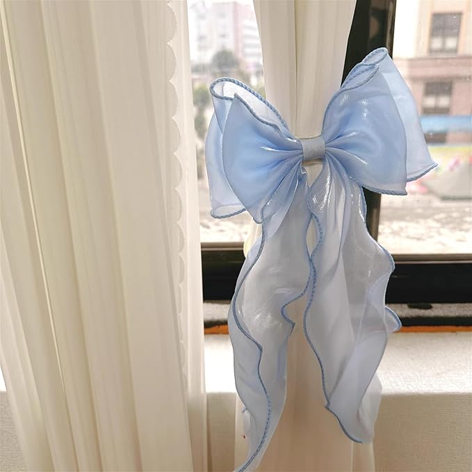 2 Pack French Silky Bow Curtain Tiebacks, Elegant Lace Ribbon for Curtains Decorative Rope Accessories Home Décor (Blue,2)