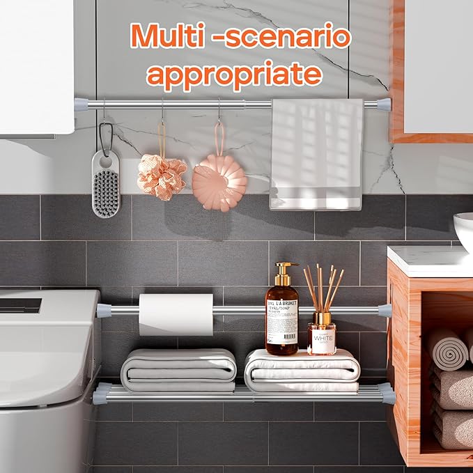 AIZESI Silver 2pcs Adjustable Spring Curtain Rods 17 to 26 Inch, Extendable Spring Tension Rod No Drilling, Non-Slip Closet Rods Tension, Durable Hanging Rods