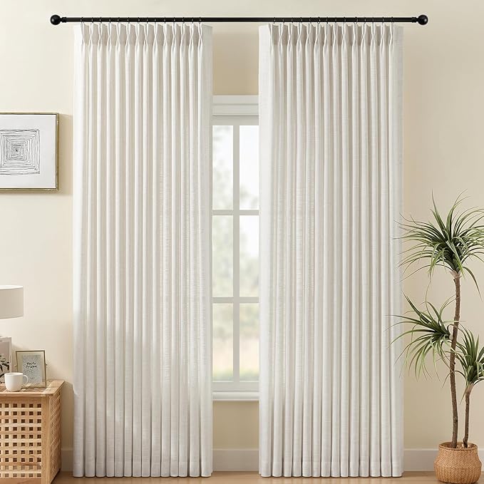 90 Inch Curtains Pinch Pleated 2 Panels for Living Room, Semi Sheer Memory Trained Light Filtering Linen Blend Pinch Pleat Curtain with Rings Back Tab Drapes for Bedroom Dining Room, 40x90, Natural