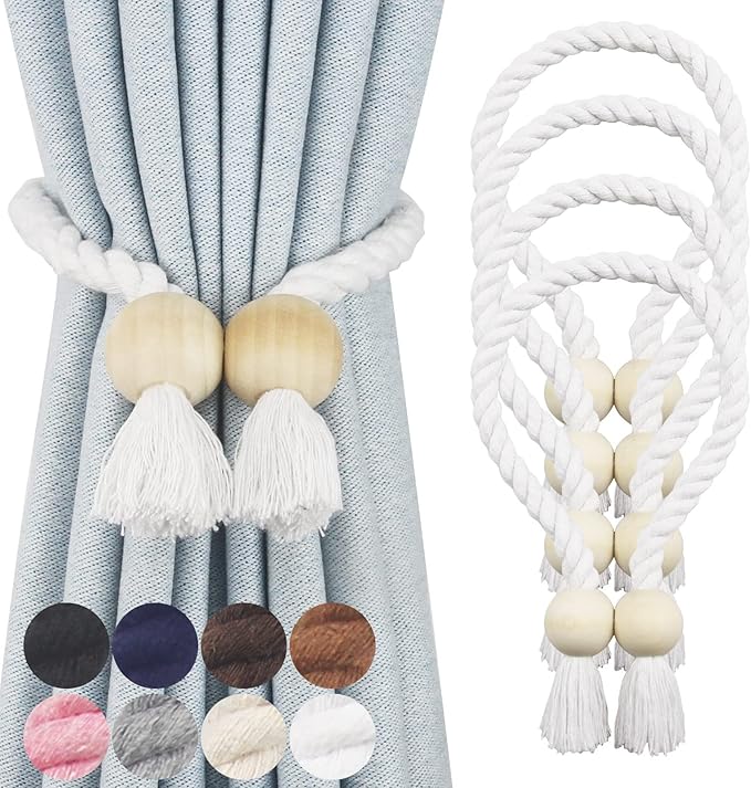 4 Pack Magnetic Curtain Tiebacks Cotton Hand Woven Tie Back Decorative Rope Holdbacks for Curtains Draperies No Tools Required, White