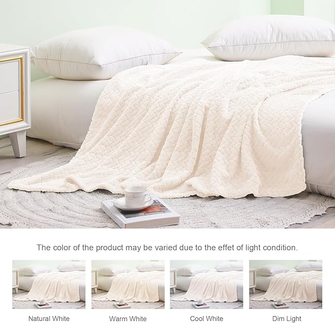 Exclusivo Mezcla Fleece Twin Size Blanket for Bed, 90x66 Inches Soft Cozy Jacquard Flannel Blankets, Lightweight Fuzzy Plush Warm for Women, Off White