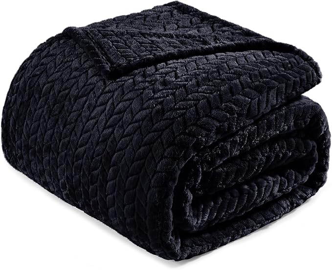 Exclusivo Mezcla Fleece Queen Size Blanket for Bed, 90x90 Inches Soft Cozy Jacquard Flannel Blankets, Lightweight Fuzzy Plush Warm for Women, Black